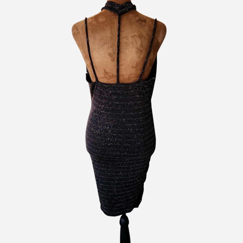VTG Sabora Choker Dress Y2K 90's Bodycon Size M Black Multicolor Glitter Stretch - Picture 3 of 9